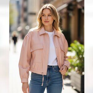 NWT 7 for All Mankind Peach Faux Leather Crop Bomber Jacket Small Relaxed